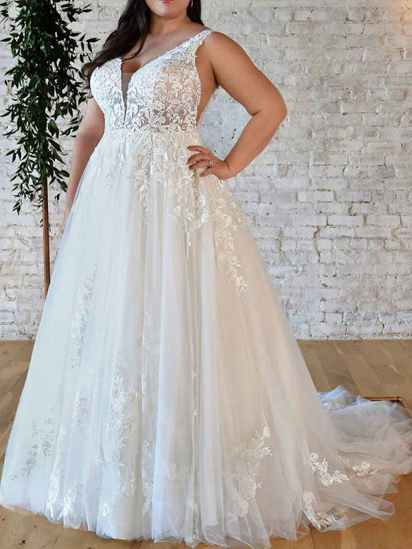 Elegant Wedding Dresses A-Line V-Neck Sleeveless Backless Natural Waist Lace Bridal Gown