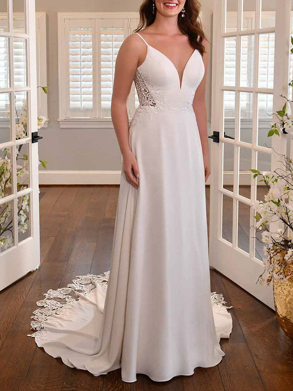 Elegant Wedding Dresses A-Line V-Neck Stripes Neck Sleeveless Natural Waist Backless Lace Bridal Dresses