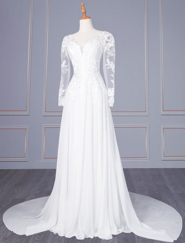 Elegant Wedding Dresses Chiffon V Neck Long Sleeves Backless Zipper Lace Chiffon A Line Bridal Dresses