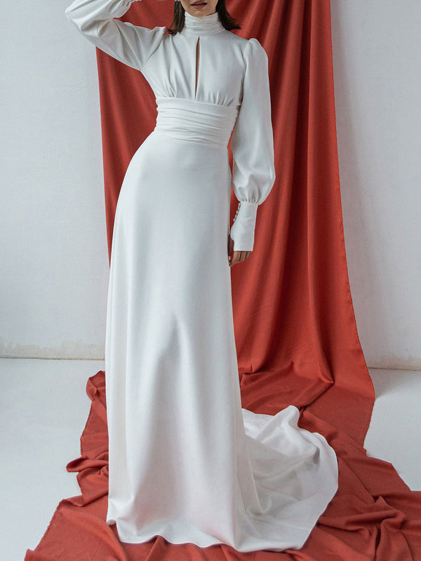 Elegant Wedding Dresses Elastic Silk Like Satin High Collar Long Sleeves Cut Out A-Line Bridal Gown