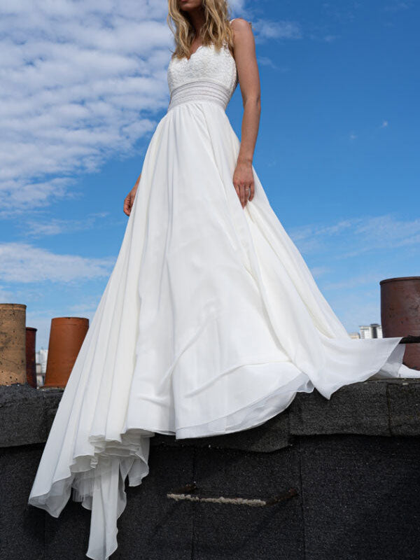 Elegant Wedding Dresses For Women A-Line V-Neck Sleeveless Backless Lace Tulle Bridal Gown