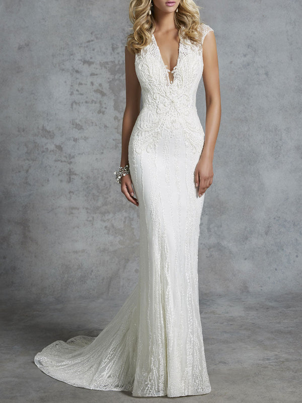 Elegant Wedding Dresses For Women V Neck Sleeveless Natural Waist Lace With Train Bridal Mermaid Dress