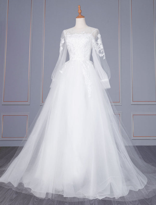 Elegant Wedding Dresses Jewel Neck Long Sleeves Lace Tulle Long A-Line Bridal Dresses