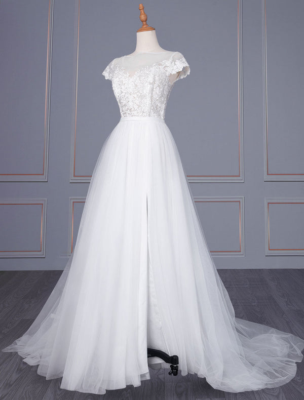 Elegant Wedding Dresses Lace Off The Shoulder Short Sleeves Lace A Line Bridal Dresses