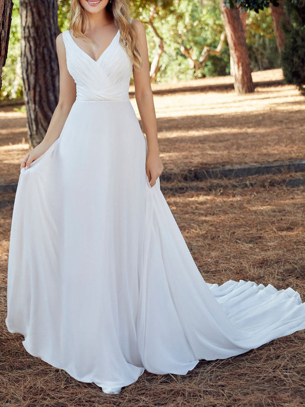 Elegant Wedding Dresses Lace V Neck Long Sleeves Lace A-Line Lace Chiffon Bridal Dresses