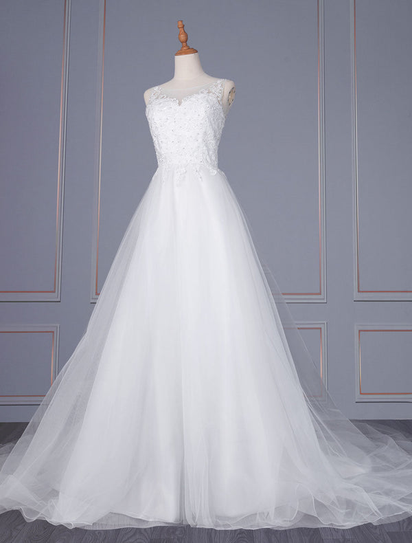 Elegant Wedding Dresses Lace V Neck Sleeveless Natural Waist Lace Tulle A-Line Bridal Dresses