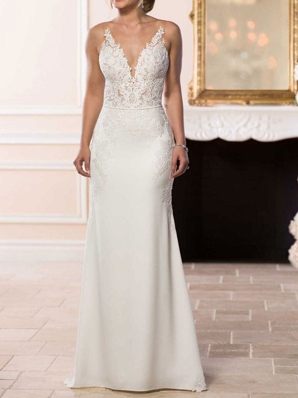 Elegant Wedding Dresses Mermaid V-Neck Sleeveless Backless Natural Waist Lace Bridal Gown