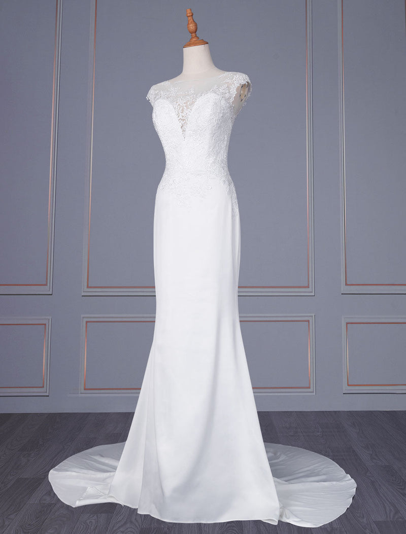Elegant Wedding Dresses Sheath Illusion Neckline Sleeveless Natural Waist Lace Bridal Gown