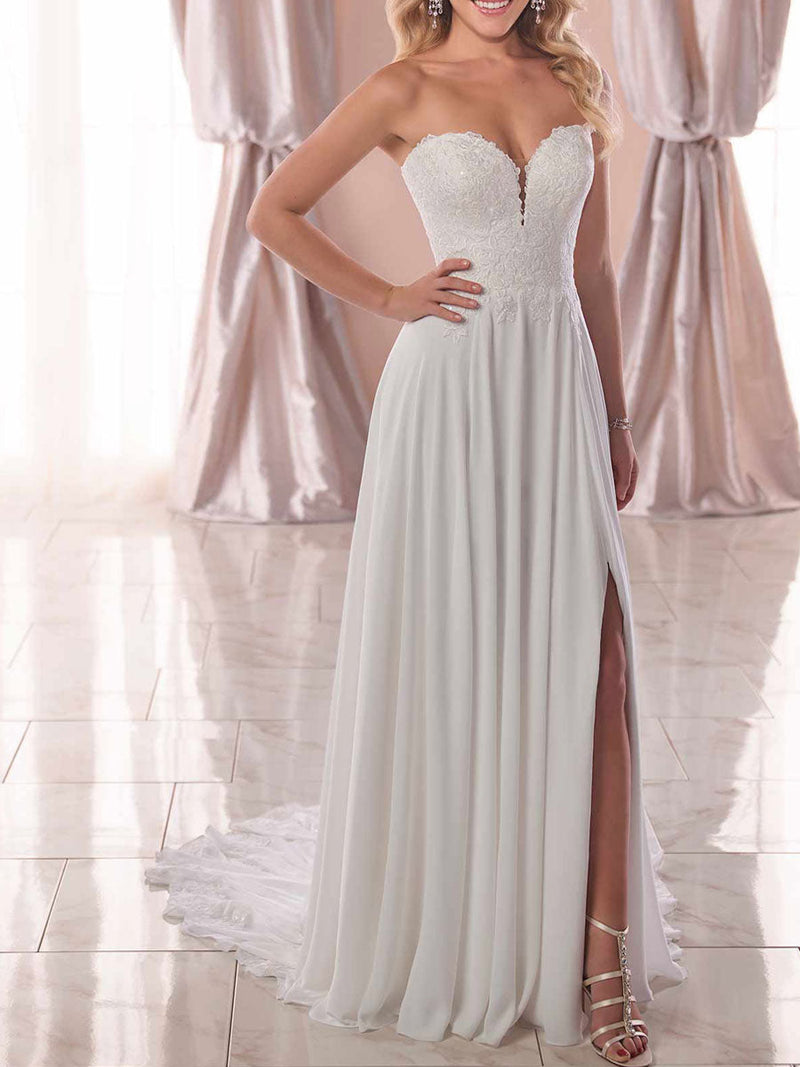 Elegant Wedding Dresses Strapless Sleeveless Backless Lace A-Line Long Bridal Gown