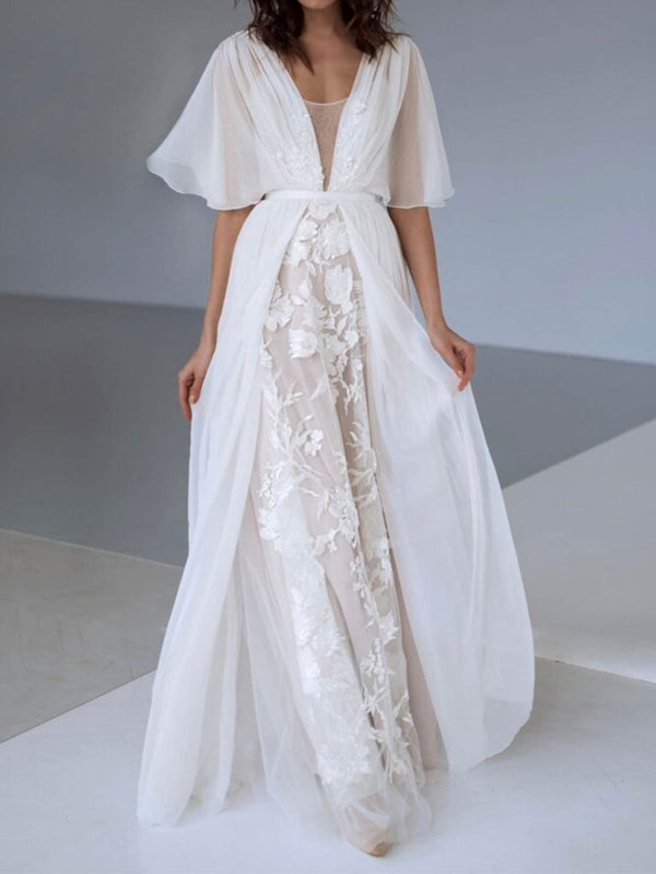 Elegant Wedding Dresses V Neck Half Sleeves Backless Lace Bridal Gown