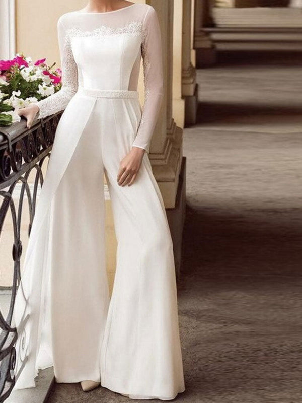 Elegant Wedding Dresses V-Neck Long Sleeves Lace Natural Waist Floor-Length Bridal Dresses