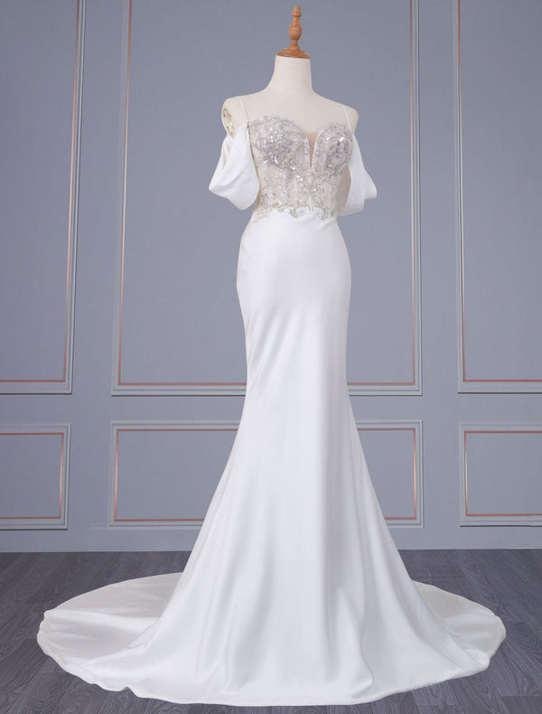 Elegant Wedding Dresses V-Neck Short Sleeves Backless Natural Waist Lace With Train Long Bridal Mermaid Dress