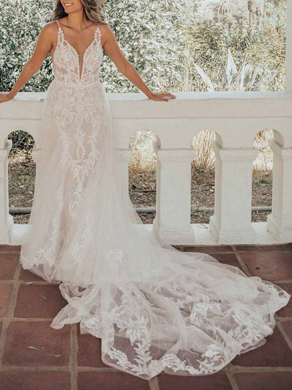 Elegant Wedding Dresses V-Neck Sleeveless Backless Lace A-Line Long Bridal Gown