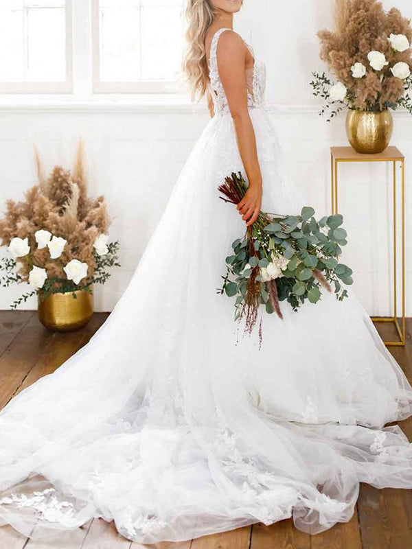 Elegant Wedding Dresses V-Neck Sleeveless Backless Natural Waist Lace A-Line Bridal Dresses