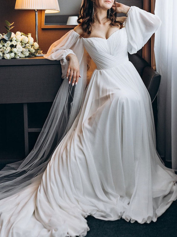 Elegant Wedding Dresses With Train A-Line Bateau Neck Long Sleeves Backless Zipper Chiffon Bridal Dresses