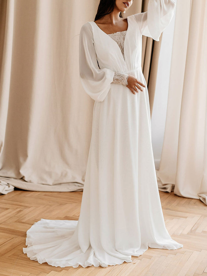 Elegant Wedding Dresses With Train A-Line V-Neck Long Sleeves Lace Chiffon Bridal Dresses