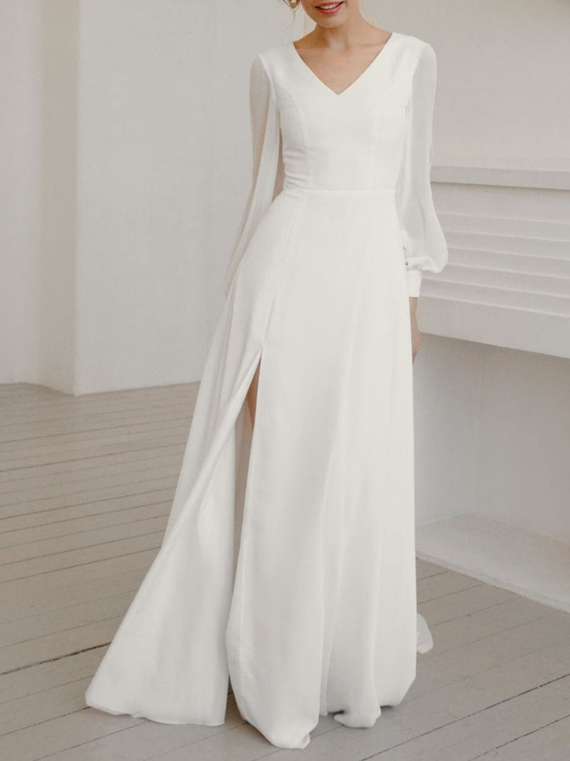 Elegant Wedding Dresses With Train A Line V Neck Long Sleeves Split Front Chiffon Bridal Gown