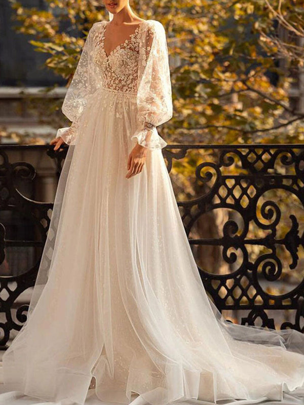 Elegant Wedding Dresses With Train A-Line V-Neck Natural Waist Long Sleeves Lace Bridal Dresses