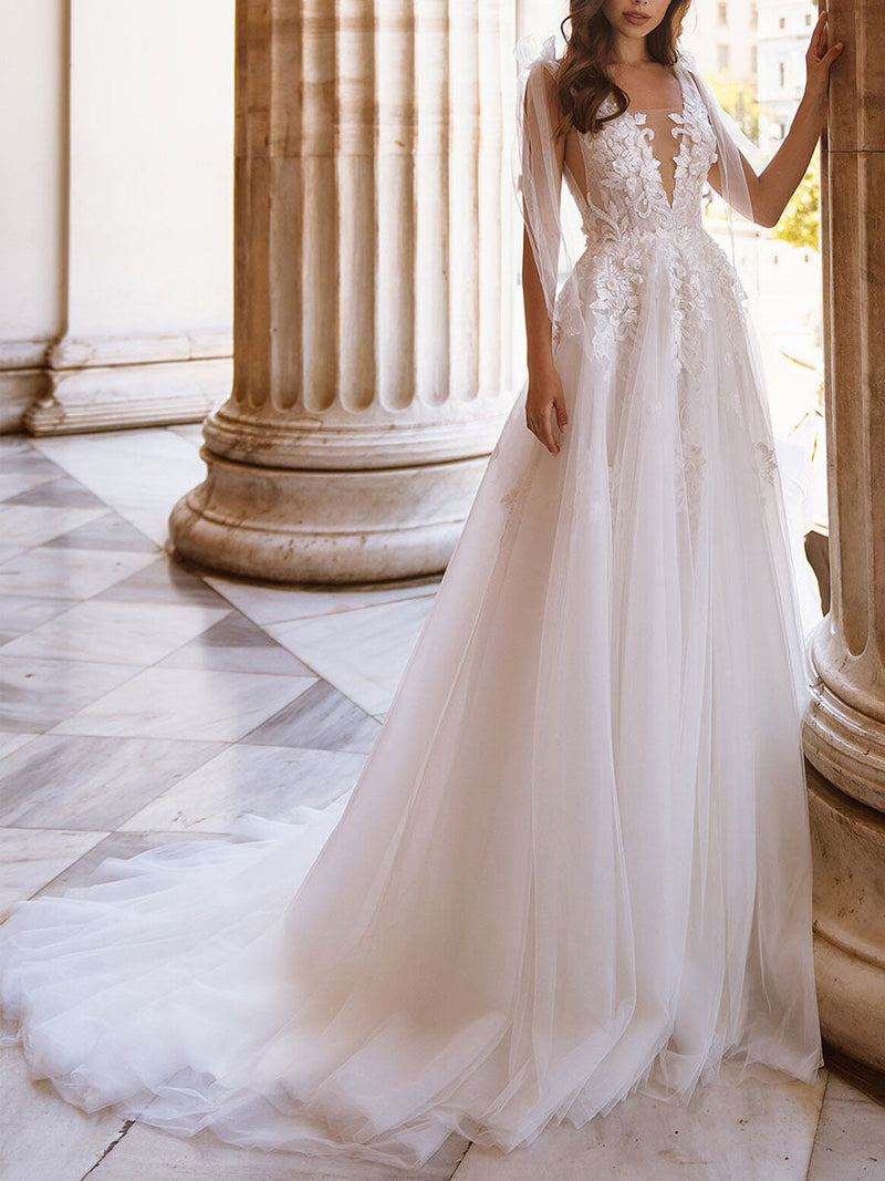 Elegant Wedding Dresses With Train A-Line V-Neck Sleeveless Backless Lace Bridal Dresses