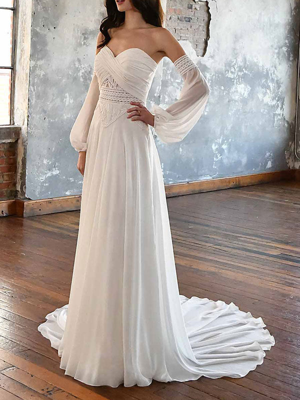 Elegant Wedding Dresses With Train Chiffon Strapless Long Sleeves Backless Lace A-Line Bridal Gown