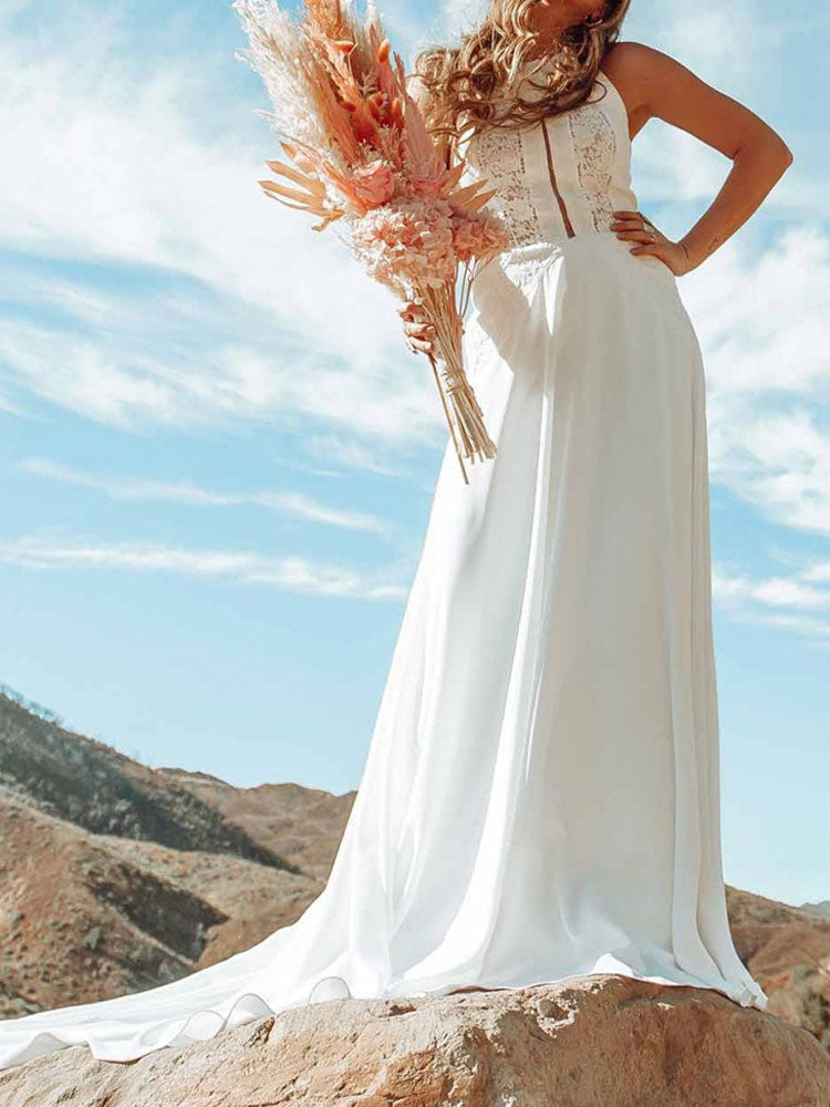 Elegant Wedding Dresses With Train Halter Sleeveless Lace A Line Long Bridal Dresses