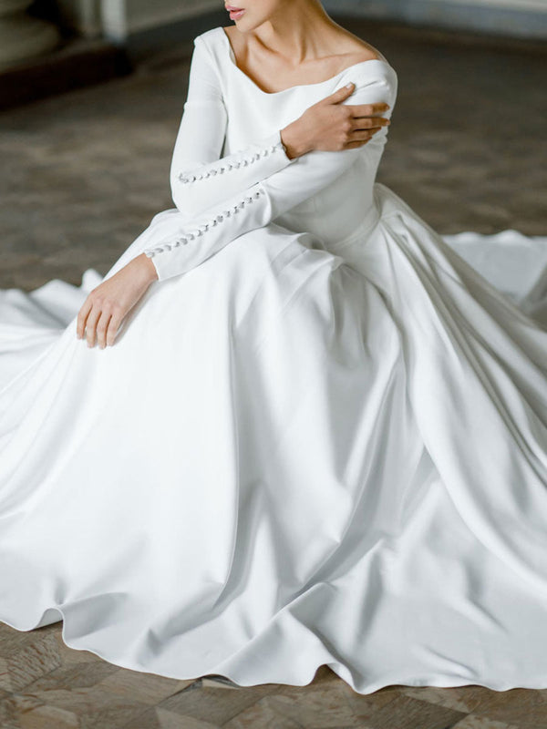Elegant Wedding Dresses With Train Stretch Crepe Jewel Neck Long Sleeves Backless A-Line Bridal Dresses