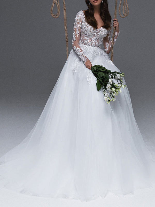 Elegant Wedding Dresses With Train V Neck Long Sleeves Lace A Line Bridal Dresses