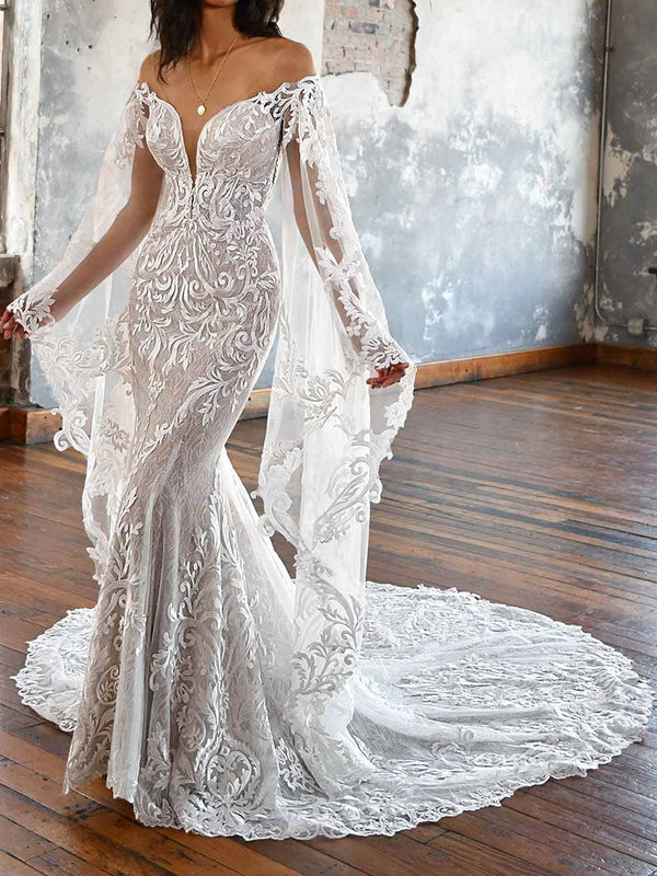 Elegant Wedding Dresses With Train V Neck Long Sleeves Lace Mermaid Bridal Gown