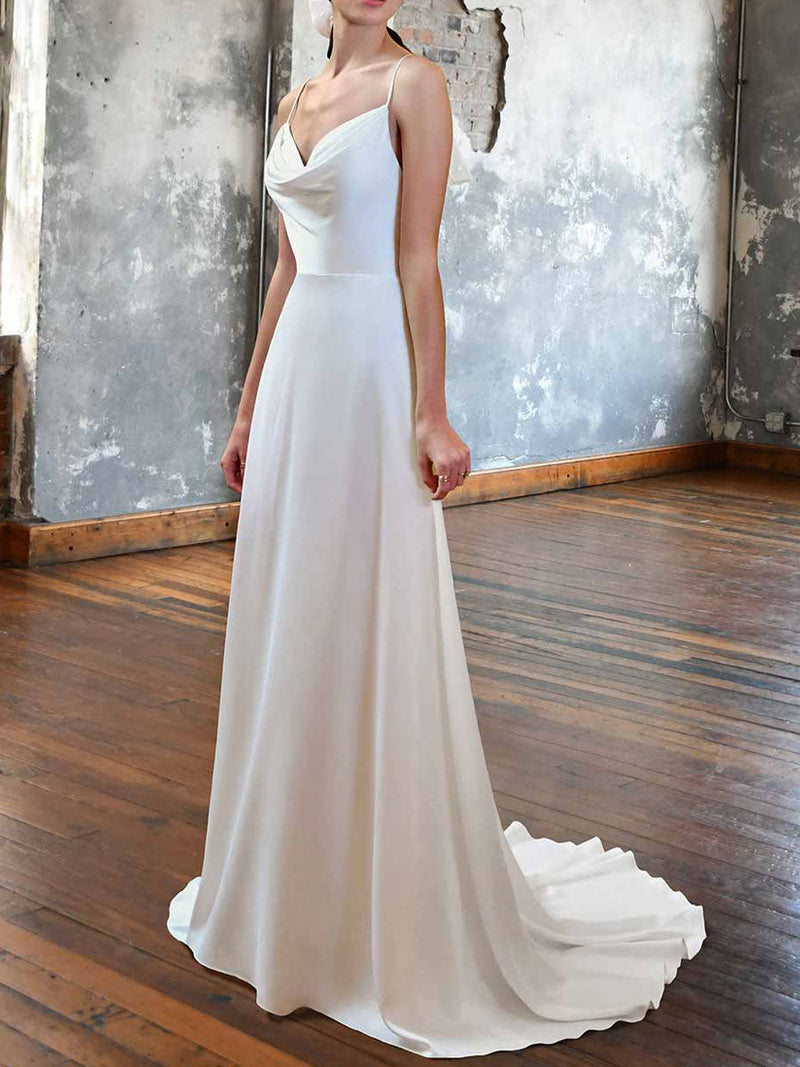 Elegant Wedding Dresses With Train V Neck Stripes Neck Sleeveless Backless Stain Long Bridal Gown
