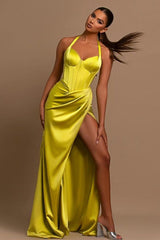 Elegant Yellow Green Halter Prom Dresses Mermaid Sleeveless Split Long