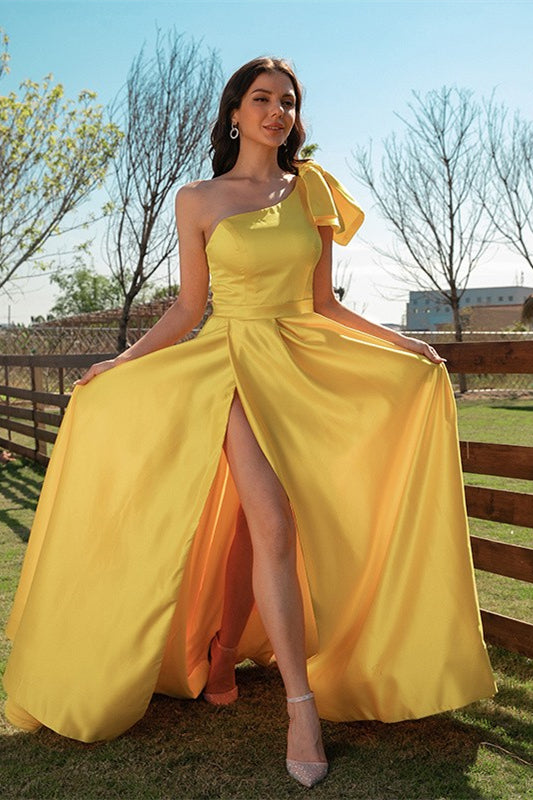 Elegant Yellow One Shoulder Long Evening Dress With Slit