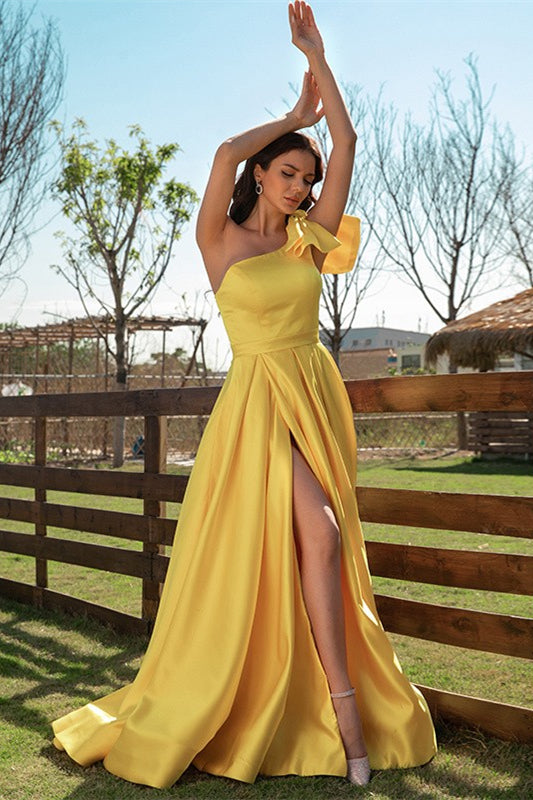 Elegant Yellow One Shoulder Long Evening Dress With Slit