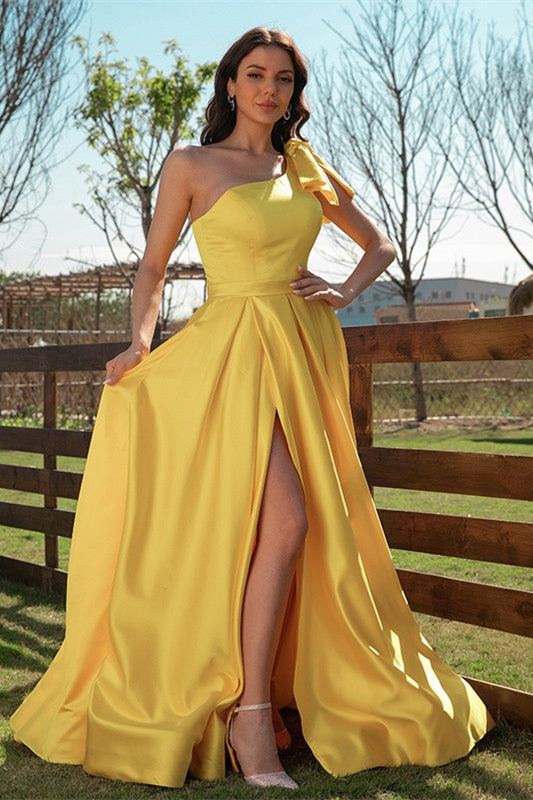 Simple V Neck Yellow Satin Long Prom Dresses, V Neck Yellow Formal Dre –  Lwt Dress