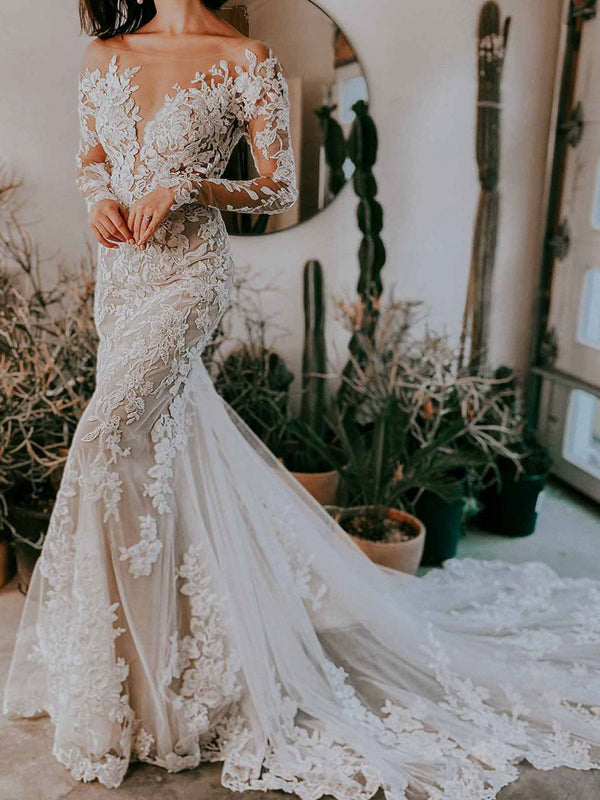 Eric Elegant Wedding Dresses Illusion Neckline Long Sleeves Natural Waist Lace With Train Long Bridal Mermaid Dress