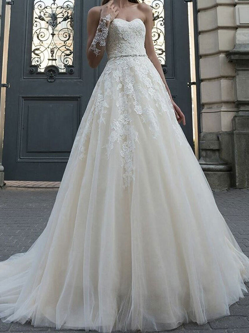 Eric Elegant Wedding Dresses With Train Lace Strapless Sleeveless Backless Lace A-Line Bridal Gown
