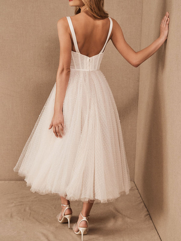 Exclusive White Wedding Dresses T-Length A-Line Sweetheart Pearls Spaghetti Straps Tea Length Bridal Dress