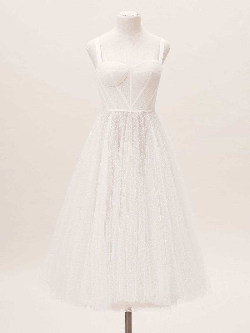 Exclusive White Wedding Dresses T-Length A-Line Sweetheart Pearls Spaghetti Straps Tea Length Bridal Dress
