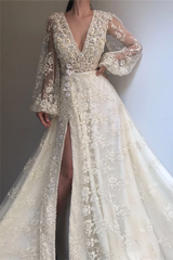 Exquisite Tulle Lace Beading Long Sleeves Party Dresses Chic V-Neck Beading Slit Formal Dresses