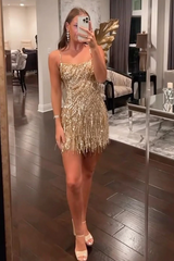 Gold Sparkle Tassels Lace-up Back Short Homecoming Dresses