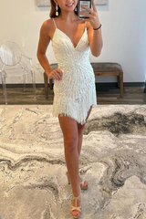 Hot V-neck White Tassels Short Straps Homecoming Dresses