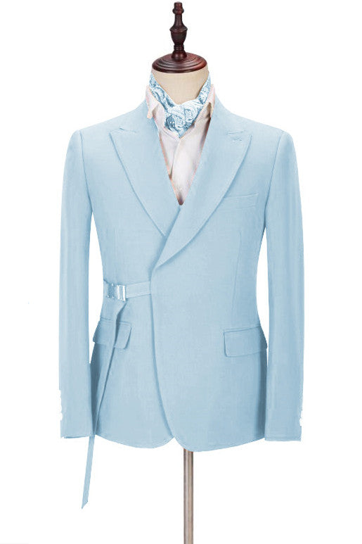 Fabulous Bespoke Sky Blue Peaked Lapel Men Suits with Adjustable Buckle