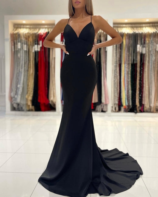 Fabulous Black Spaghetti Straps Mermaid Prom Dresses Long Party Dresses
