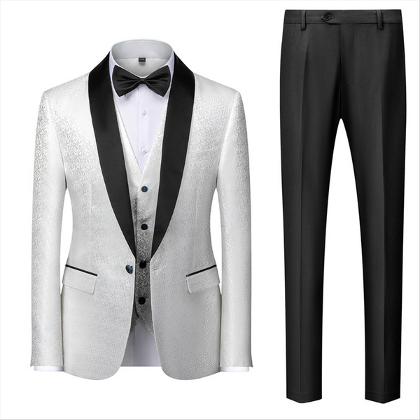 Fabulous Black and White Men's Wedding Tuxedos Satin Shawl Lapel Jacquard Prom Suits