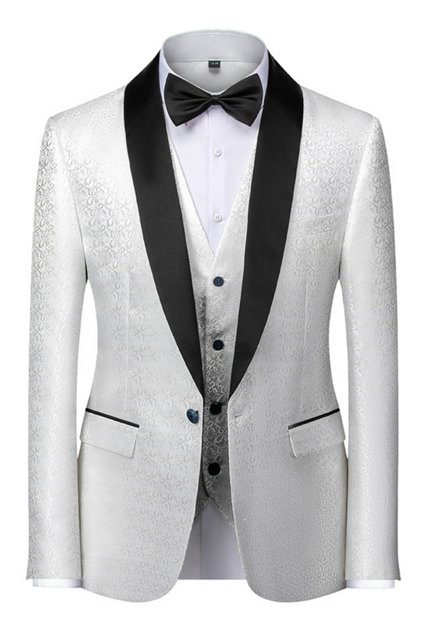 Fabulous Black and White Men's Wedding Tuxedos Satin Shawl Lapel Jacquard Prom Suits