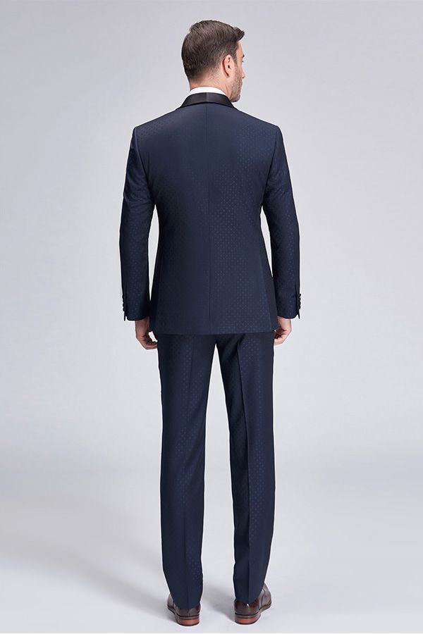 Fabulous Blue Dots Shawl Lapel Wedding Tuxedos Dark Navy Wedding Suits for Men