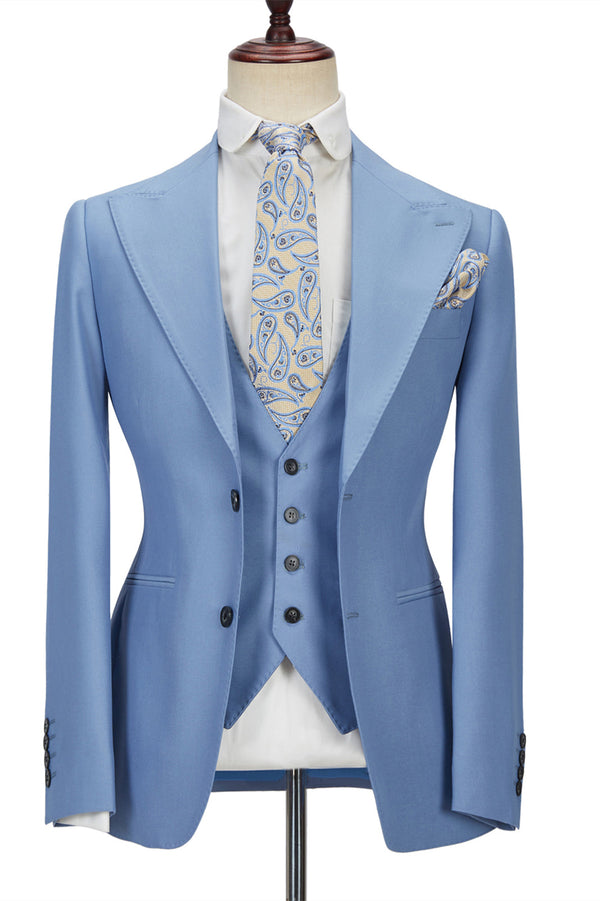 Fabulous Blue Peak Lapel Men's Suit 3 Piece Men's Formal Suit without Flap