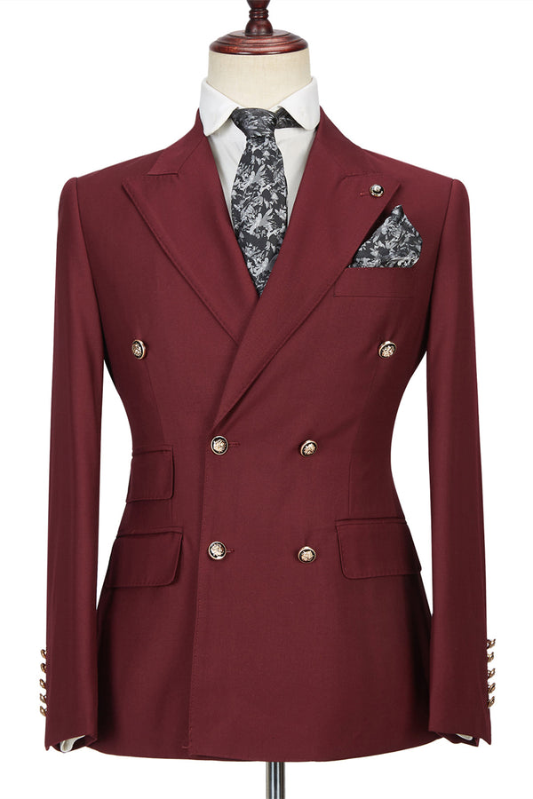 Fabulous Breasted Burgundy Peak Lapel Men's Formal Suit