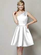 Fabulous Sleeveless One Shoulders Short Satin Bridesmaid Dresses