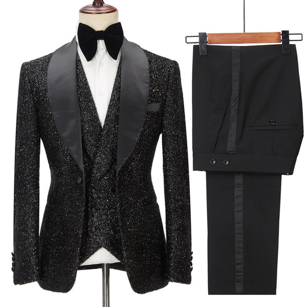 Fabulous Sparkly Black Three Pieces Shawl Lapel Bespoke Wedding Suit for Men
