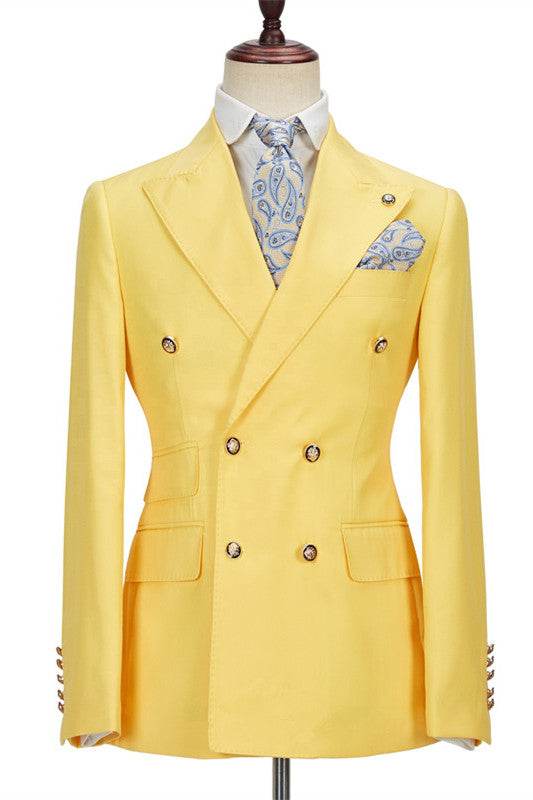 Fabulous Yellow Double Breasted Peaked Lapel Slim Fit Bespoke Men Suits